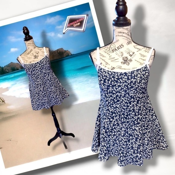 Vintage 90s Pinup Calico Floral Skirted Swim Dress 14